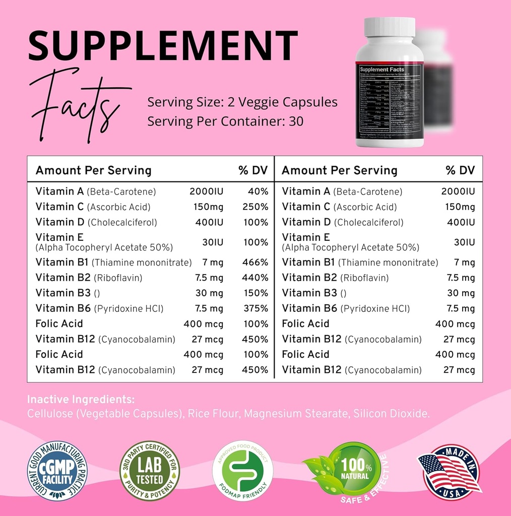 Stellar Labs Low FODMAP Vegan Women's Ultra Multi-Vitamine. Facile à digérer Multivitamine quotidienne sans Iron. Supplément à faible énergie, Soutien féminin.