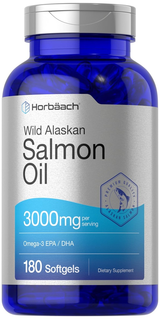 Horbäach Huile de saumon sauvage d'Alaska 180 capsules de softgel Sans gluten, sans OGM Excellente puissance d'acides gras oméga-3 EPA et DHA