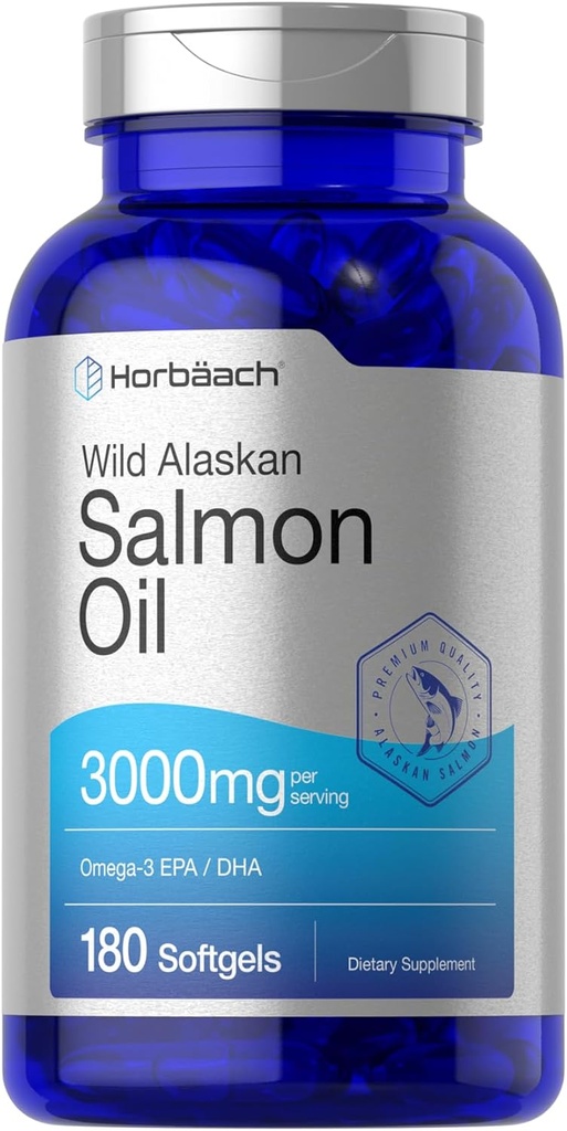 Horbäach Huile de saumon sauvage d'Alaska 180 capsules de softgel Sans gluten, sans OGM Excellente puissance d'acides gras oméga-3 EPA et DHA