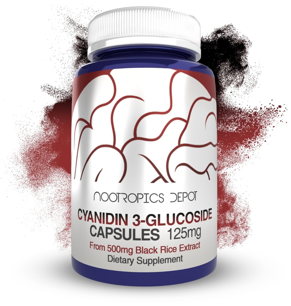 Nootropics Depot Cyanidin 3-Glucoside Capsules $ 125mg $ 180 Compter $ Extrait de riz noir $ C3G $ Oryza Sativa $ Soutien métabolique, vision et cognitif