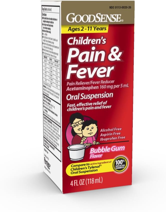 GoodSense Children's Pain Reliever Liquid, Bubble Gum Flavor, Acetaminophen 160 mg/5 mL, Effective Pain Relief/Fever Reducer for Kids Ages 2-11, 4 Oz