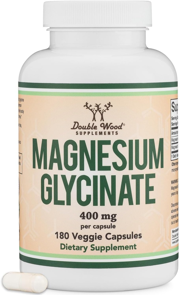 Suppléments de bois double Magnésium Glycinate 400mg.180 Capsules.Sommeil, Muscle, & Soutien cardiaque.