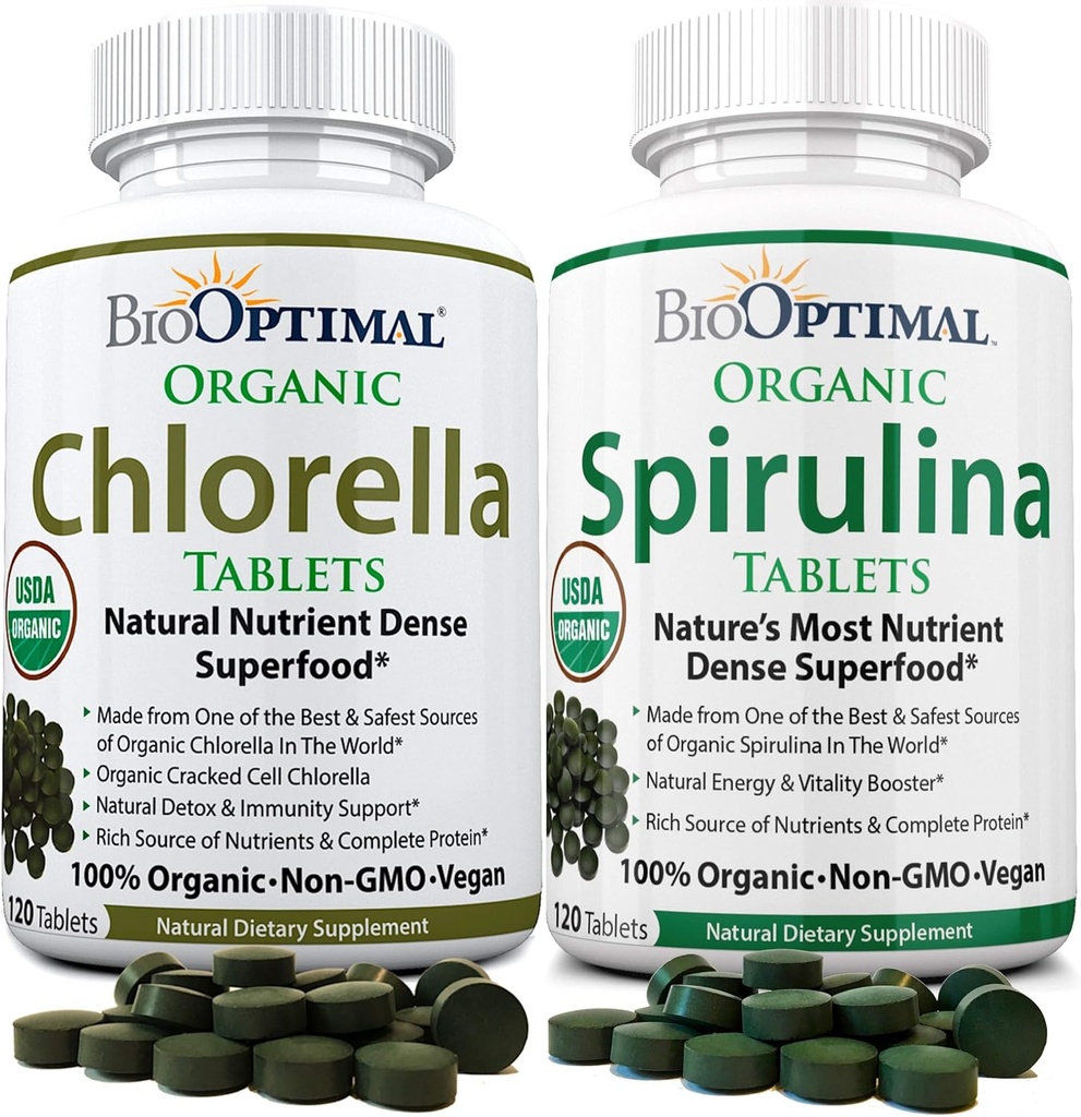BioOptimal Chlorella Spiruline - Bundle - Tablettes de Chorella Biologique et Tablettes de Spiruline Biologique, 120 Comptez chacune, Qualité Premium 4 Certifications biologiques