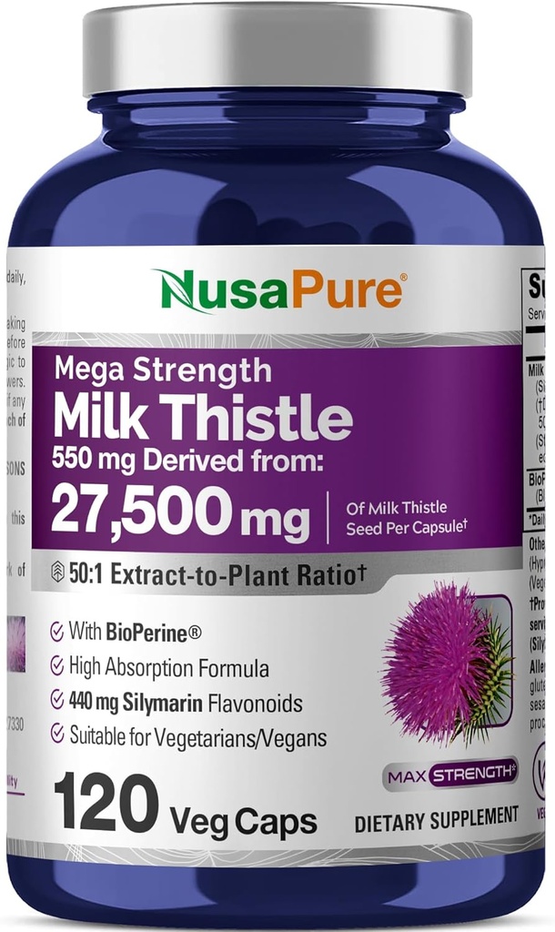 NusaPure Thistle de lait 50:1 Extrait, 550 mg Équivalent à 27 500mg 120 Capsules de légumes Non-OGM, Vegan Max Strength - Standardisé 80% Silymarin, Bioperine
