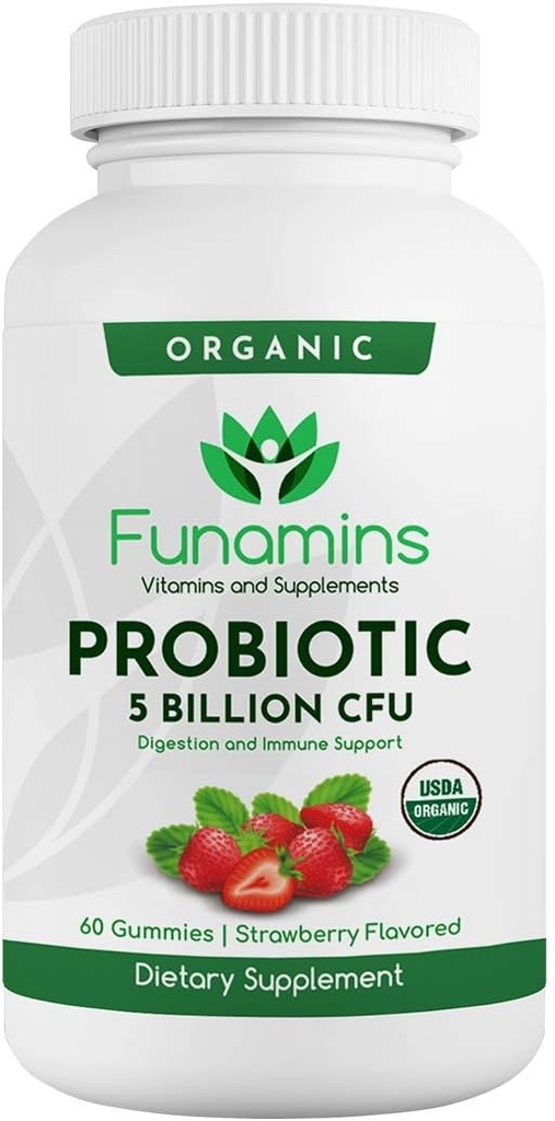 Gommies bio probiotiques, 5 milliards d'UFC par portion, 60 comtes, végétaliens, soutient la santé digestive et la défense immunitaire, pour les femmes et les enfants; goût de fraise