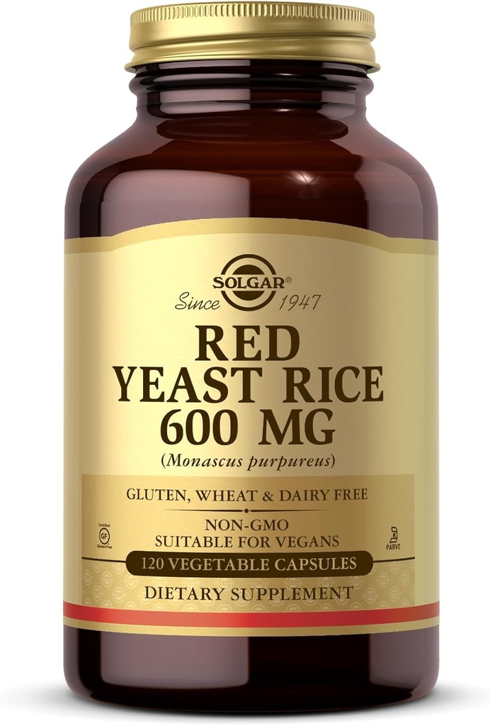 Solgar Red Yeast Rice 600 mg - 120 Capsules de légumes - Non-OGM, Vegan, Gluten et Sans Produits laitiers, Casher - 60 portions