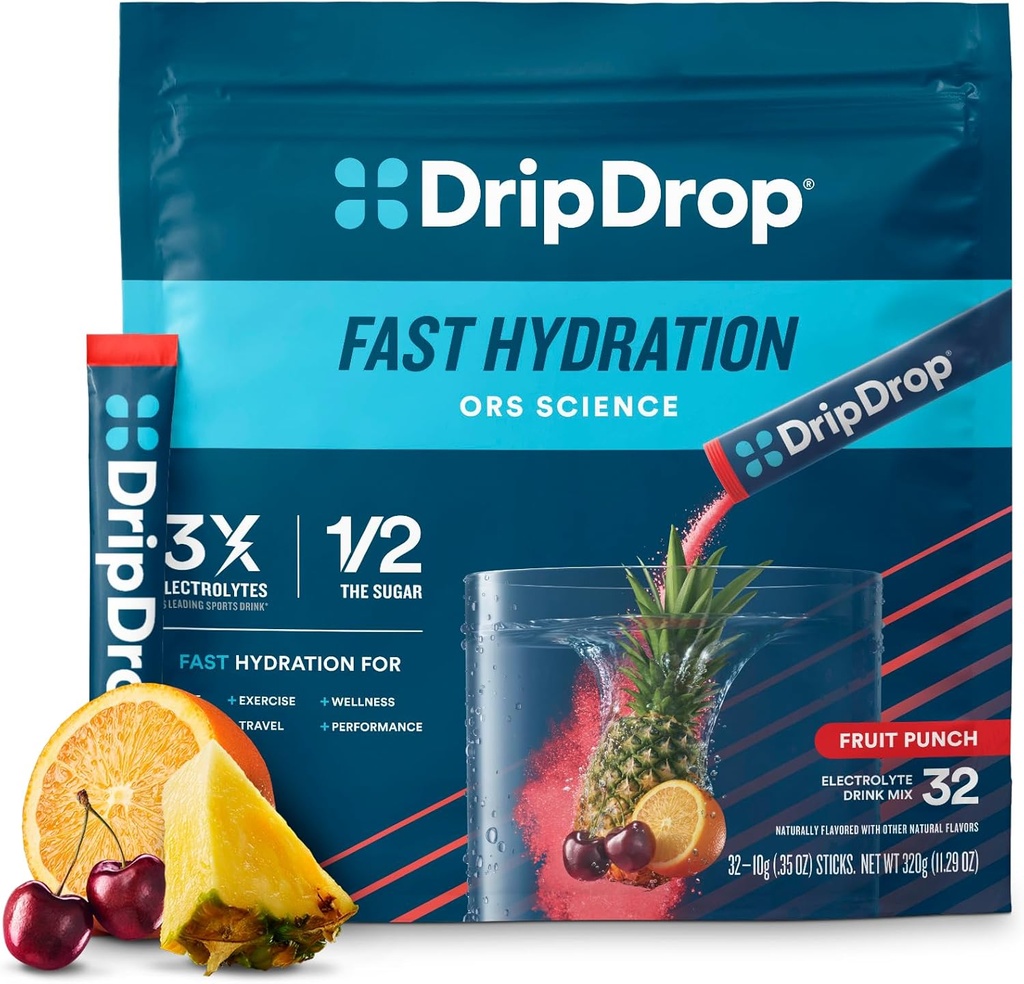 DripDrop Hydration Packets - Fruit Punch - Single Serve Electrolytes Powder Drink Mix - Non-GMO, Gluten Free, Vegan - 32 Sticks