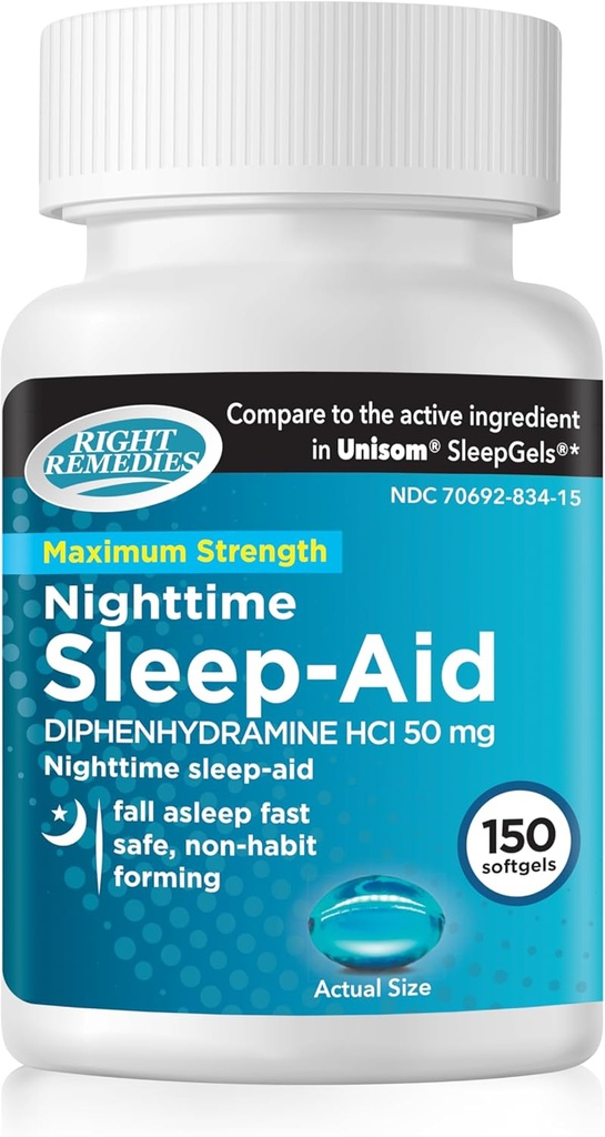 Aide au sommeil de nuit Softgels, (150 softgels), Diphenhydramine HCI 50 mg, Asleep d'automne rapide, soutient un sommeil plus profond, reposant