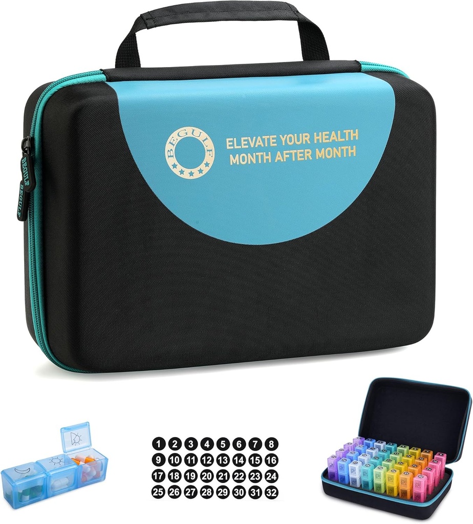 Organisateur de pilules mensuelles de goutte-proof 3 fois par jour, 30 jours Organisateur de pilules de voyage avec 32 compartiments quotidiens, Boîte organisatrice de médicaments pour la vitamine, huile de poisson, supplément (noir)