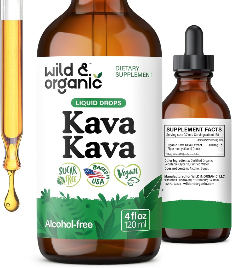 Wild & Organic Kava Kava Drops 400 mg - Calmness & Relaxation Supplement - 5-Month Supply - Vegan, Sugar & Alcohol-Free Liquid Root Extract Drops - 4 fl oz