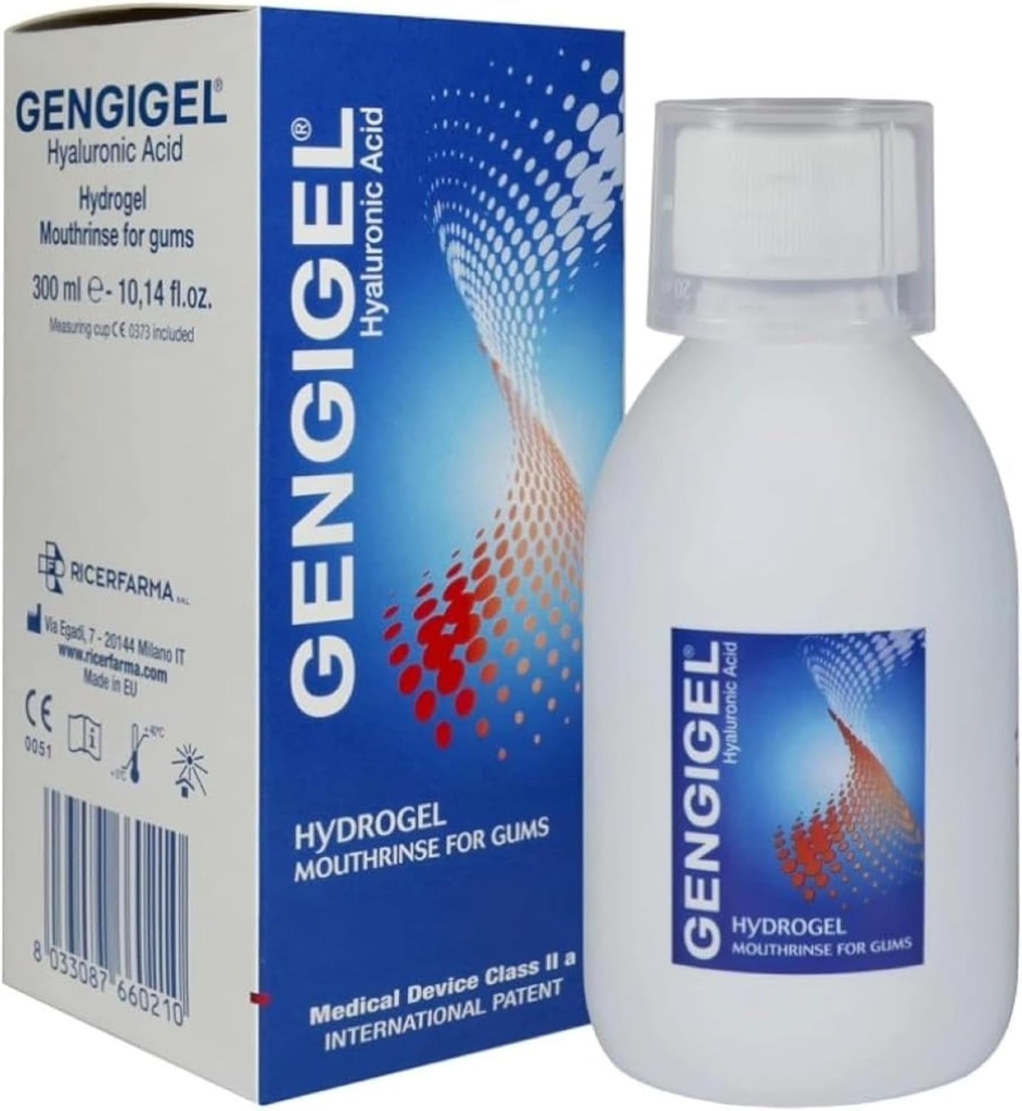 Gengigel Acide hyaluronique Mouthrinse (300 ml), solution de soins buccodentaires pour la santé de la gum, réduit le malaise, aide à soulager la récession et la gingivite de la gum, sans alcool ou SLS, végétalien et kasher