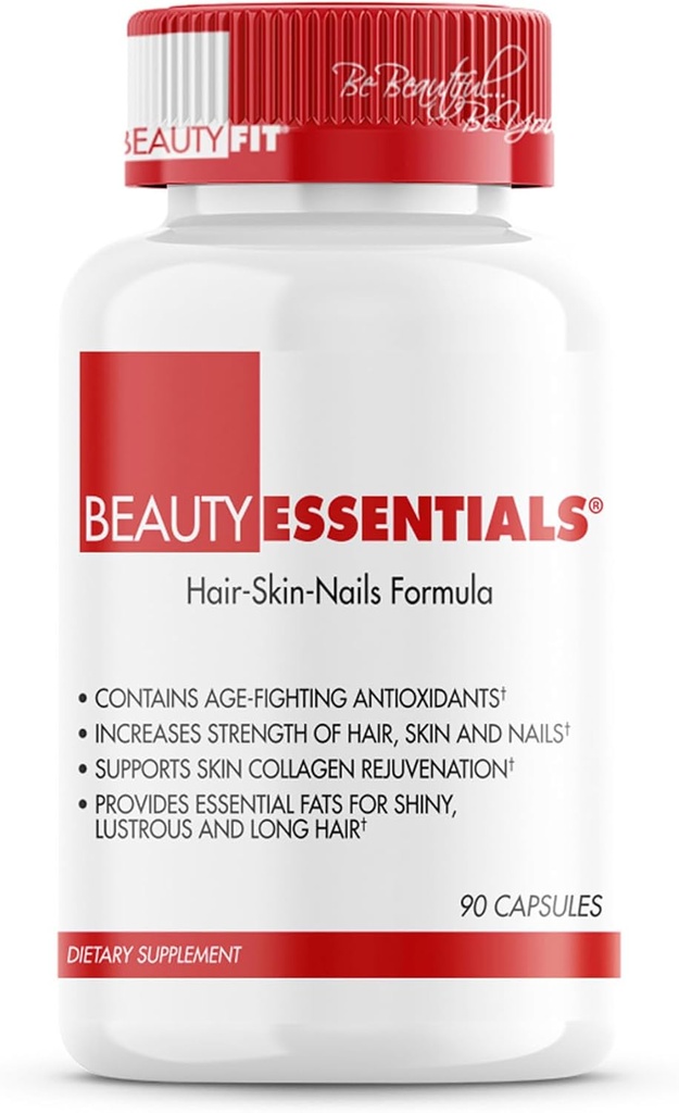 Beauté Fit BeautyEssentials Hair-Skin-Nails Formula Capsules - Formulé avec des vitamines et des antioxydants - Augmente la force des cheveux, de la peau, des ongles - Fournit Biotin, Zinc, Acide Hyaluronique - 90 Compte