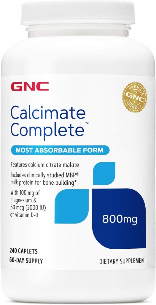 GNC Calcium Complete 800mg Supplément, soutient la densité osseuse, améliore l'absorption de calcium, 60 portions