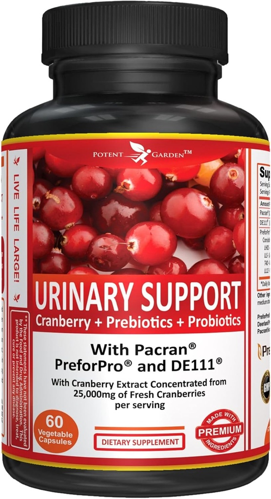 Potent Garden Urinary Support Womens Probiotic for Urinary Tract Health for Women, Cranberry Capsules with 5 Billion CFUs Cranberry Extract, Prebiotics and Probiotics for Women, 60 Caps, 30 Servings