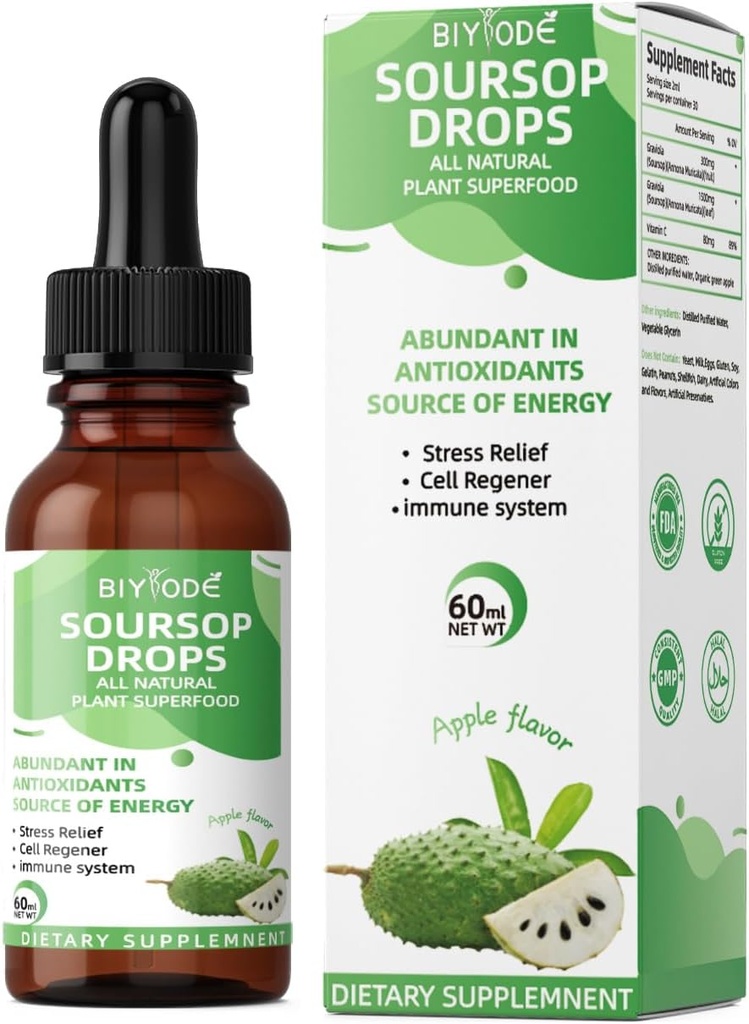 Soursop Graviola Liquid Drops with Sea Moss & Elderberry for Cell Support, Immunity, Liver Health, and Sleep Aid - Organic, Sugar/Gluten Free, Natural Flavor, 2 Fl Oz