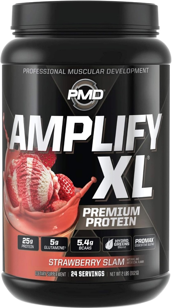 PMD Sports Amplify XL Premium Whey Protéines Supplément Hydro Greens Mélange - Glutamine et protéines de lactosérum avec super-aliments pour le muscle, la force et la récupération - Strawberry Slam (24 portions)