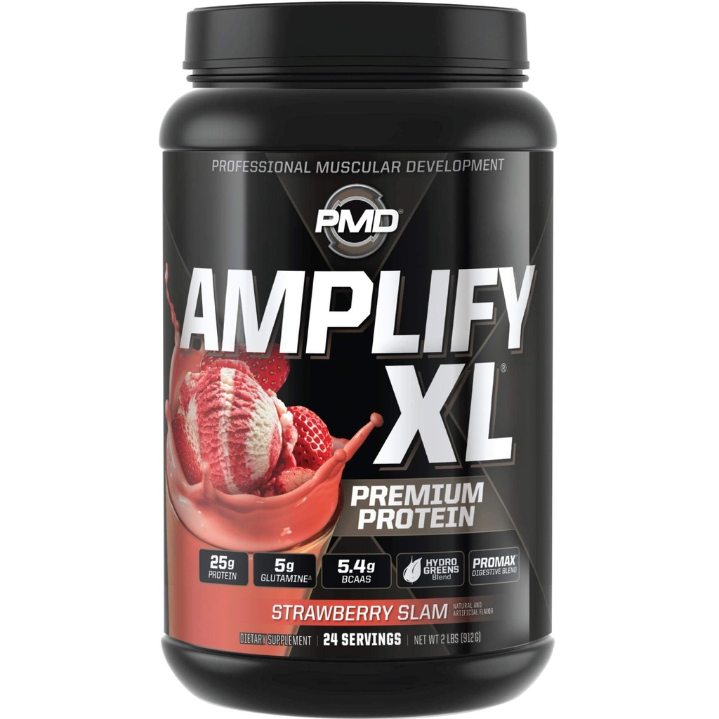 PMD Sports Amplify XL Premium Whey Protéines Supplément Hydro Greens Mélange - Glutamine et protéines de lactosérum avec super-aliments pour le muscle, la force et la récupération - Strawberry Slam (24 portions)
