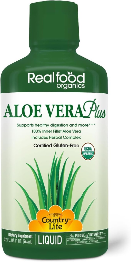 Country Life Realfood Organics Liquid Aloe Vera Plus - Supporte la santé digestive et le système immunitaire - avec Elm slippery, Ginger, Turmeric, Peppermint - Organic ACTIValoe, Qmatrix Process - 32 oz