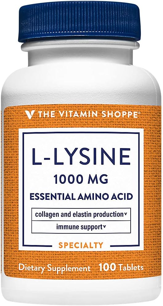 La Vitamine Shoppe L-Lysine 1000MG, Acide Amino Essentiel, Supplément soin des lèvres, soutient la production de collagène et d'élastine, une fois par jour (100 comprimés)