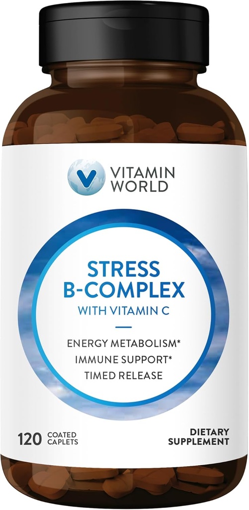 Complexe Vitamine World Stress Vitamine B avec vitamine C, libération chronométrée Vitamine B6, B12, Niacine, Folate et Biotine pour le stress, l'énergie, le métabolisme et le soutien immunitaire, non-OGM, 120 Caplets