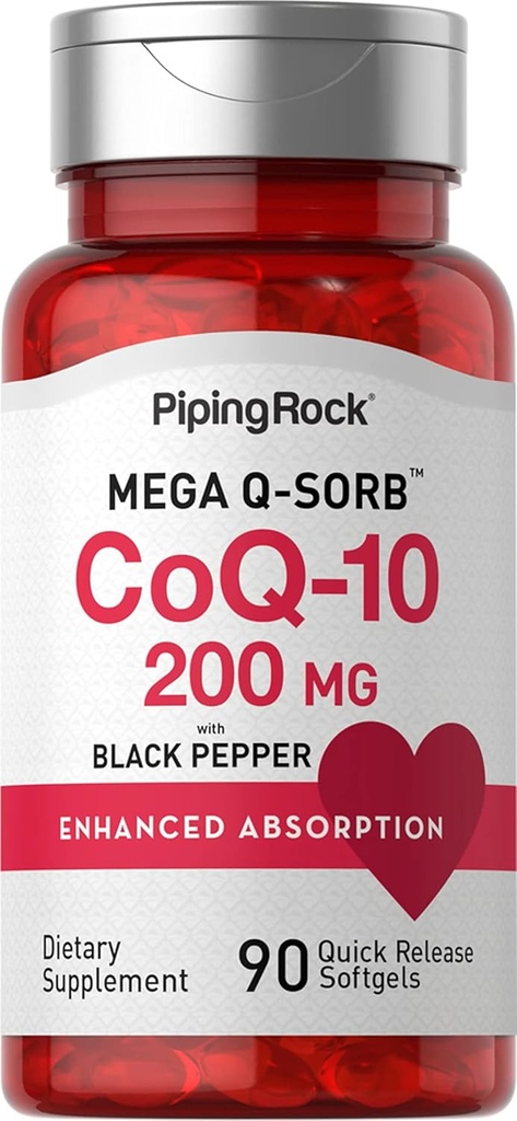 Piping Rock CoQ10 200mg Softgels (90) Supplément pour les femmes et les hommes avec extrait de poivre noir (non-OGM), sans gluten