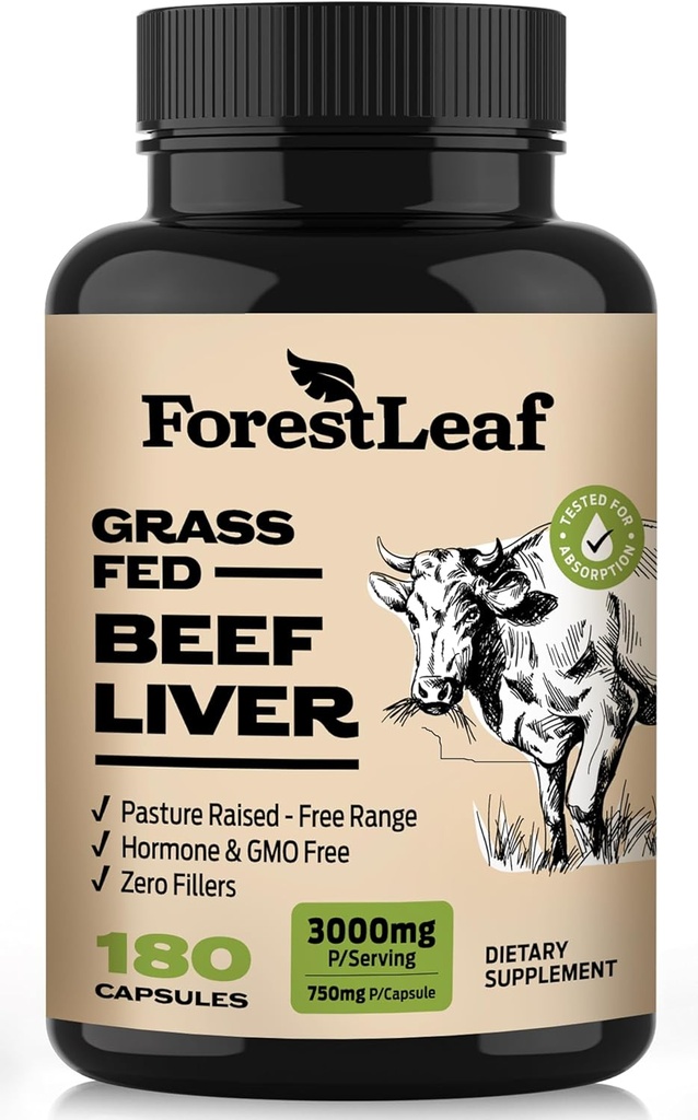 ForestLeaf Grass Capsules de foie de boeuf, 3000mg par portion, soutient l'immunité complète et Wellnes du corps, nettoyage, digestion, fer naturel, vitamine A et B12, gel de supplément de foie de boeuf séché, 180 capsules
