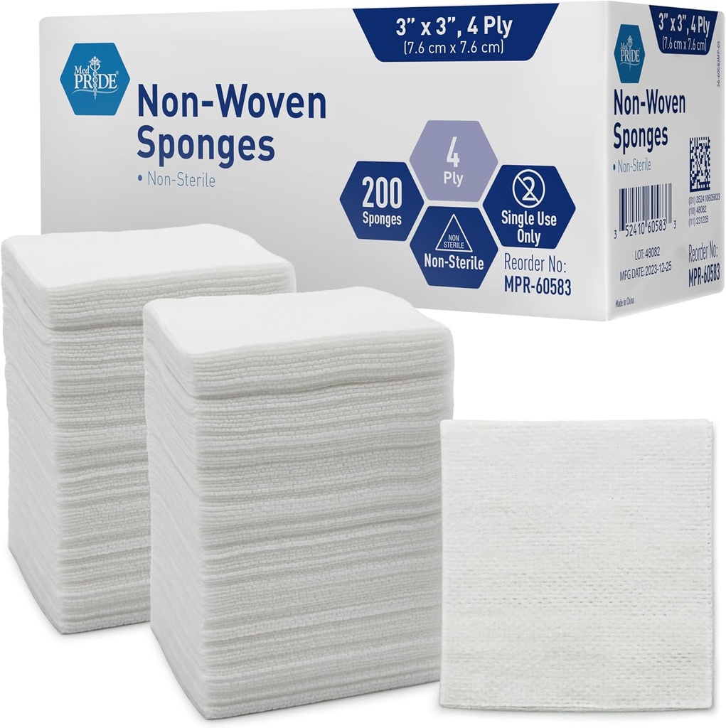 MED PRIDE 3x3 en Gauze Pads 200 Pack, Non-stérile, 4 Ply, Bandeaux de Mesh non-adhérents, Absorbent soin de la plaie éponges