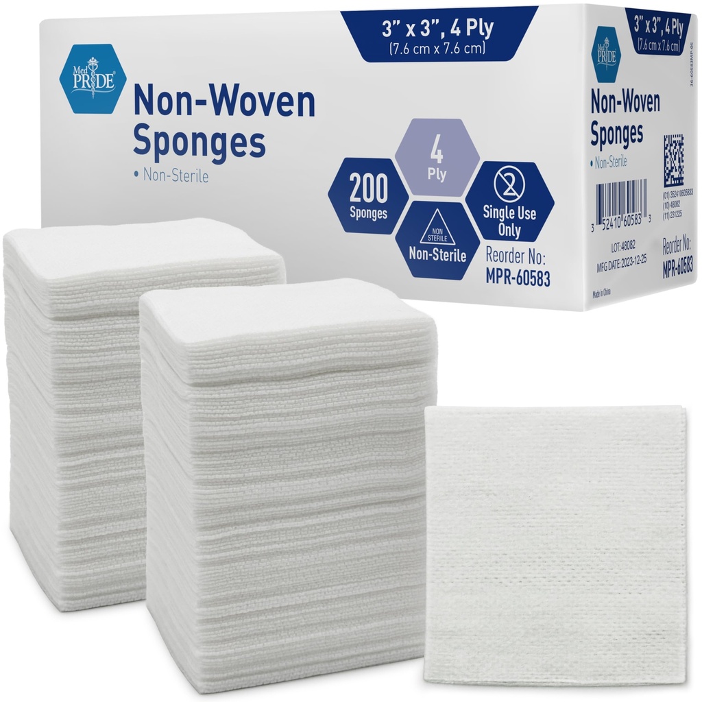 MED PRIDE 3x3 en Gauze Pads 200 Pack, Non-stérile, 4 Ply, Bandeaux de Mesh non-adhérents, Absorbent soin de la plaie éponges
