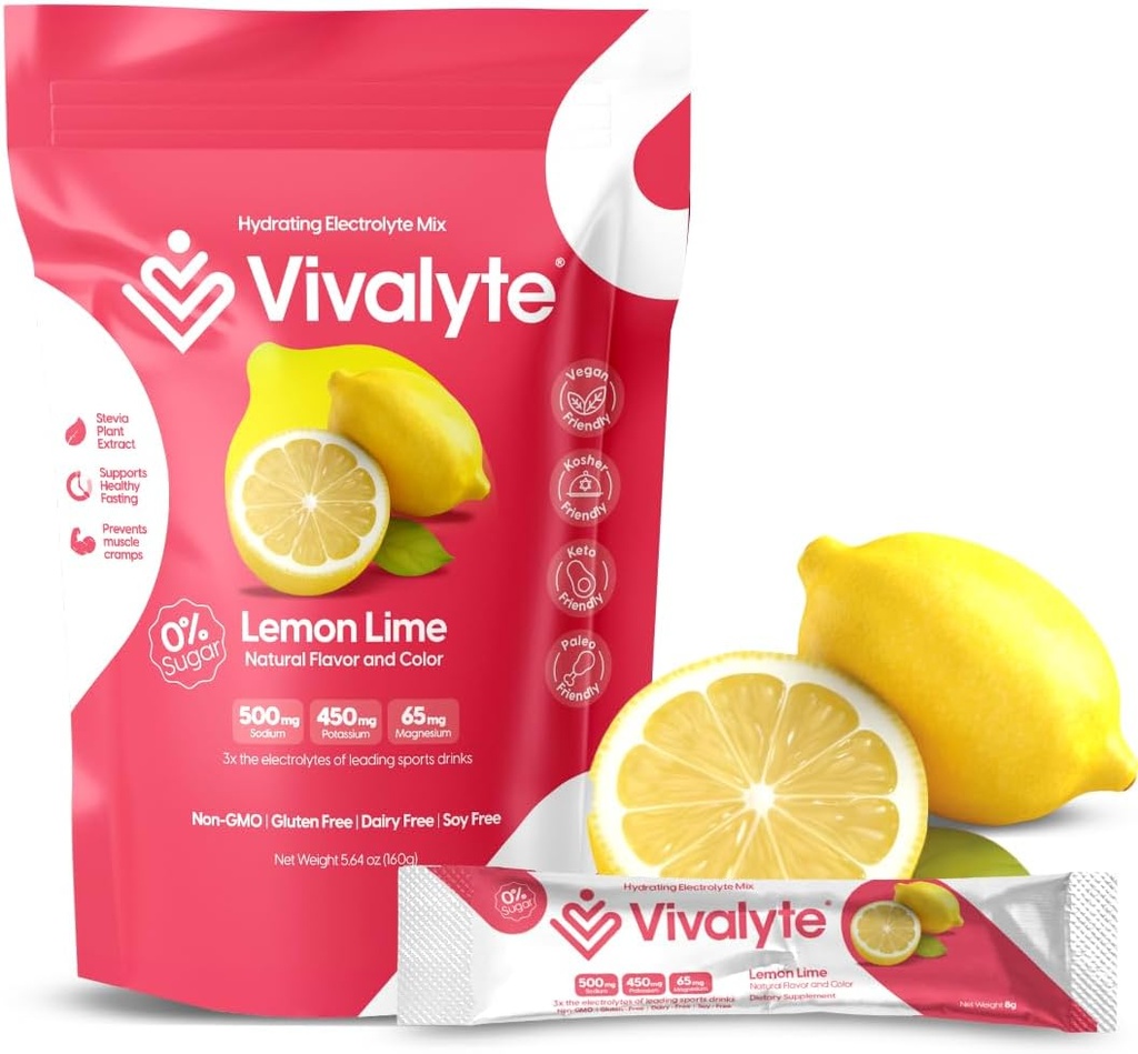 Electrolyte Powder No Sugar Stevia Sweetened 100% Natural Hydration Packets - 20 Count | Sodium, Potassium Citrate & Magnesium L-Threonate (5.64, Lemon)