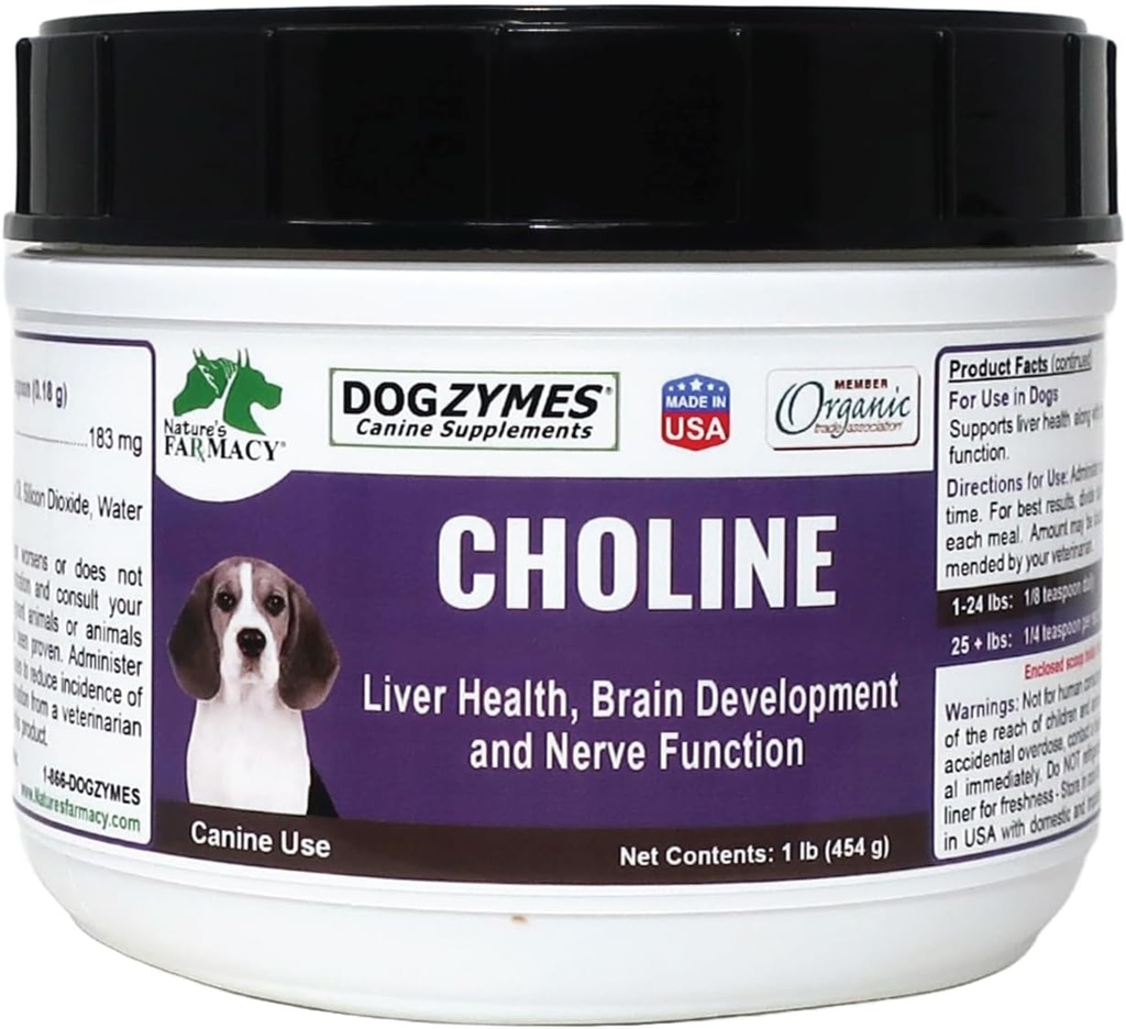 Dogzymes Choline aide dans la fonction cérébrale et aide également avec les crises et la récupération d'AVC. Il est également utilisé pour nettoyer le foie des lipides accumulés (1 livre)