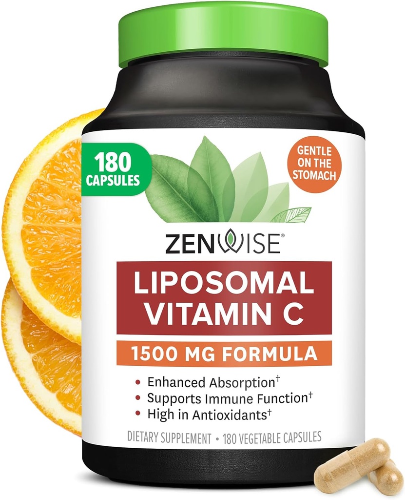 Zenwise Health Enhanced Absorption Liposomal Vitamin C Supplement - 1500mg Liposomal VIT C for Immune Support, Antioxidant & Natural Energy Boost - Organic & Gluten Free - Unflavored, 180 Capsules