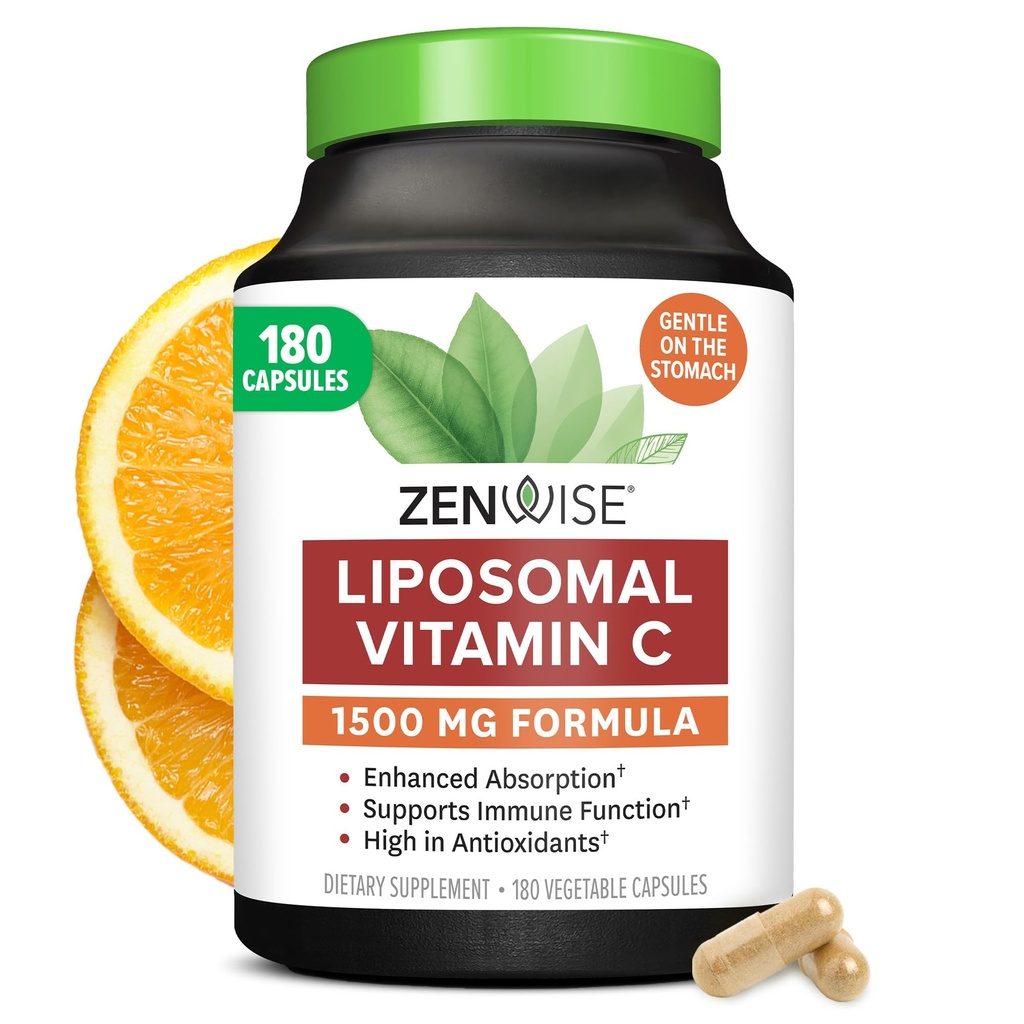 Zenwise santé Absorption améliorée Supplément de vitamine C liposomique - 1500mg VIT C liposomique pour le soutien immunitaire, l'antioxydant et l'énergie naturelle Boost - Organique et sans gluten - Non aromatisé, 180 capsules