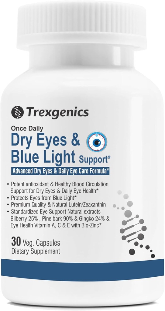 Trexgenics Yeux secs et soutien à la lumière bleue Une fois par jour Formule végétarienne avec Lutéine 10mg, Zeaxanthin 2mg, Bilberry, Ginkgo, Pine Bark, Vitamine C, Zinc et Vitamine A (30 Capsules de légumes)