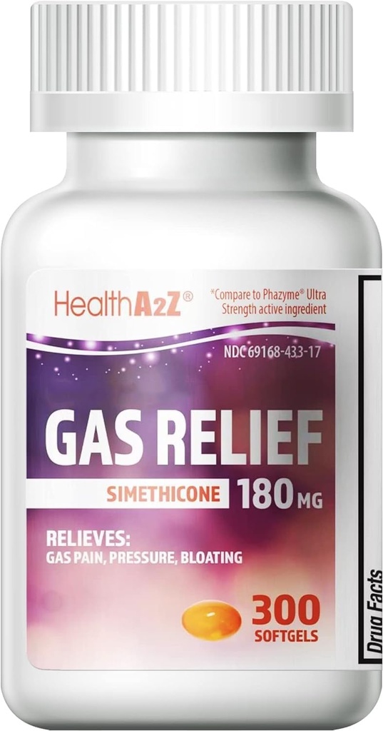 HealthA2Z® Gas Relief Simethicone 180mg | Relieves from Stomach Discomfort and Gas | Anti Flatulence | Relieves Gas Fast (300 Count (Pack of 1))
