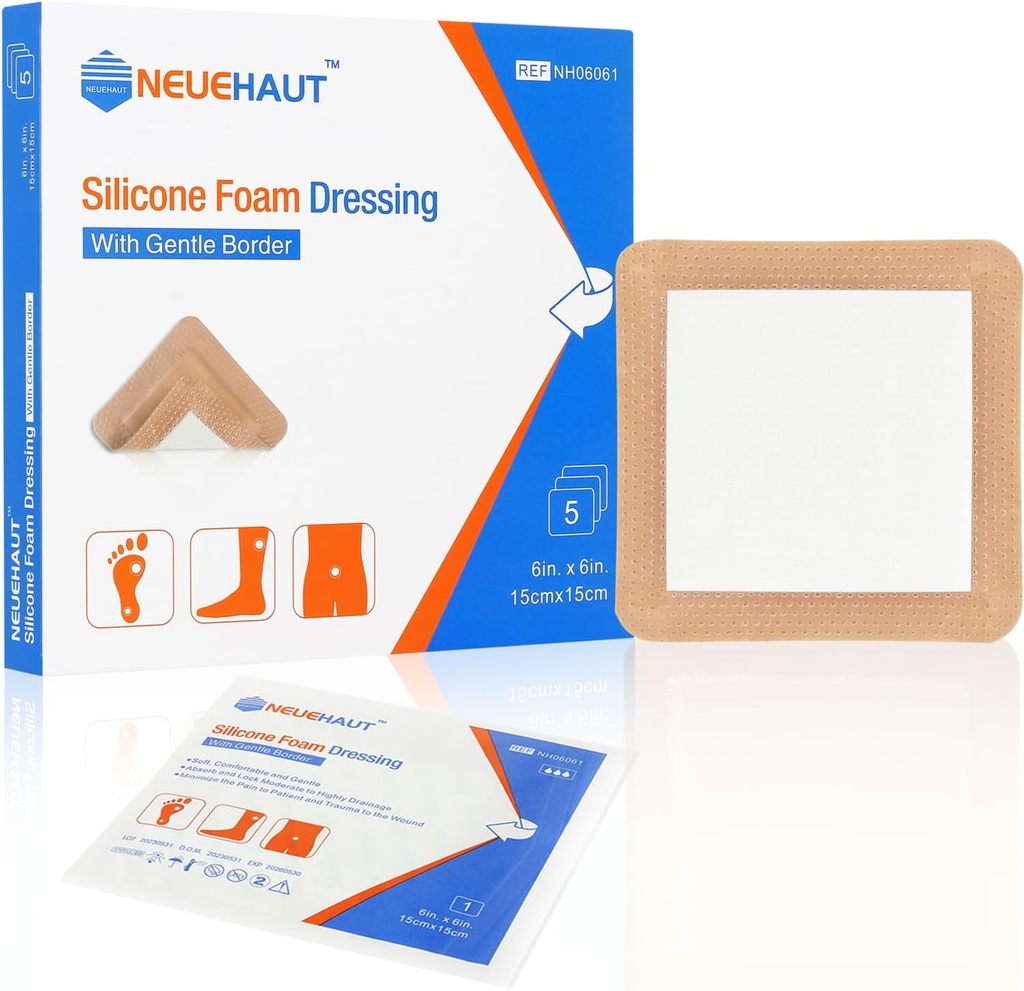Dressing en mousse de silicone avec bordure adhésive douce 6''x6'', lit de pression d'ulcère de jambe Ulcer bandage en silicone, haute absorption imperméable, 5 Pack de NeueHaut