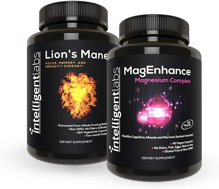 Intelligent Labs 2-in-1 Bundle of MagEnhance Magnesium Supplement (High Absorption Magnesium Glycinate, Threonate, and Taurate) and Lion’s Mane Mushroom Supplement (100% Fruiting Bodies Extract)