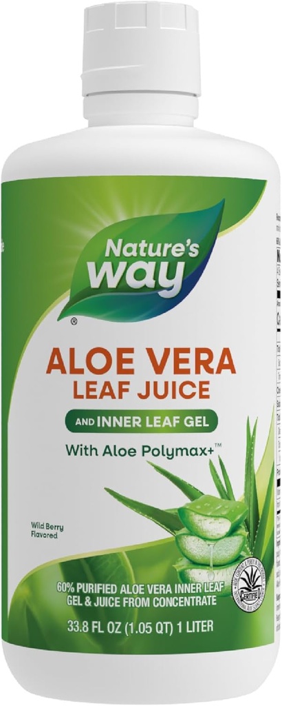 Nature's Way Aloe Vera Leaf Juice et Gel de feuille intérieure, avec Aloe Polymax+, certifié pour le contenu et la pureté de l'aloe, Saveur de baies sauvages, 33,8 Fl Oz (paquetage May Vary)