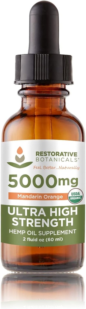 Ultra High Strength Hemp Oil Drops 5000mg Mandarin Orange Flavor (2 oz - 120 Servings) USDA Certified Organic, Calming Relief Supplement