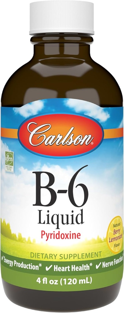Carlson - B-6 Liquid, Vitamin B-6, Energy Production, Heart Health, Berry Lemonade Flavor, 120 mL (4 Fl Oz)
