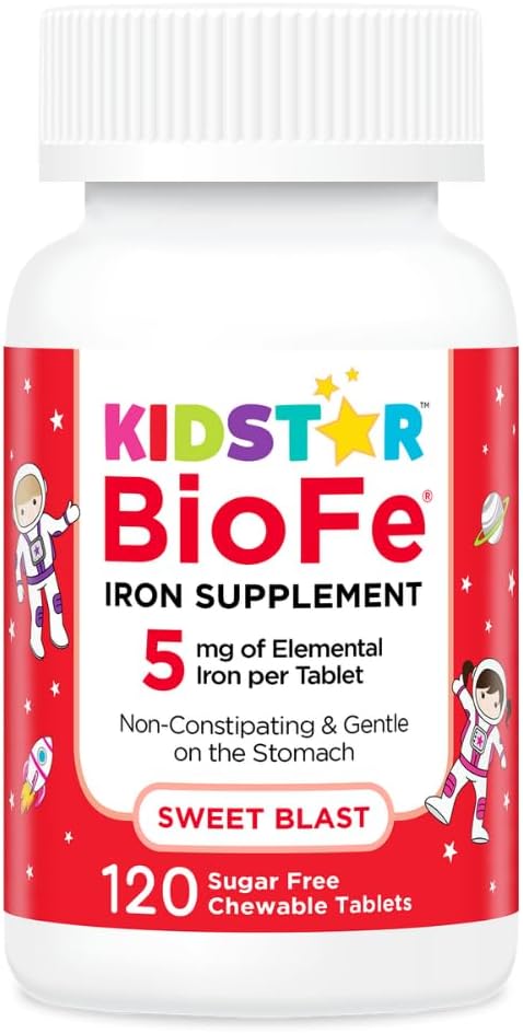 KidStar Nutrients BioFe Pure Iron Chewables for Kids & Adults, Sweet Blast, No Sugar, Sweetened with Xylitol, 120 Chewable Tablets