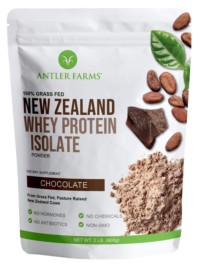 Fermes Antler - 100% herbe Fed Nouvelle-Zélande Isolée de protéines de lactosérum, Chocolat aromatisé, 2 lbs - Pure et propre, 4 ingrédients, Délicieux, froid traité