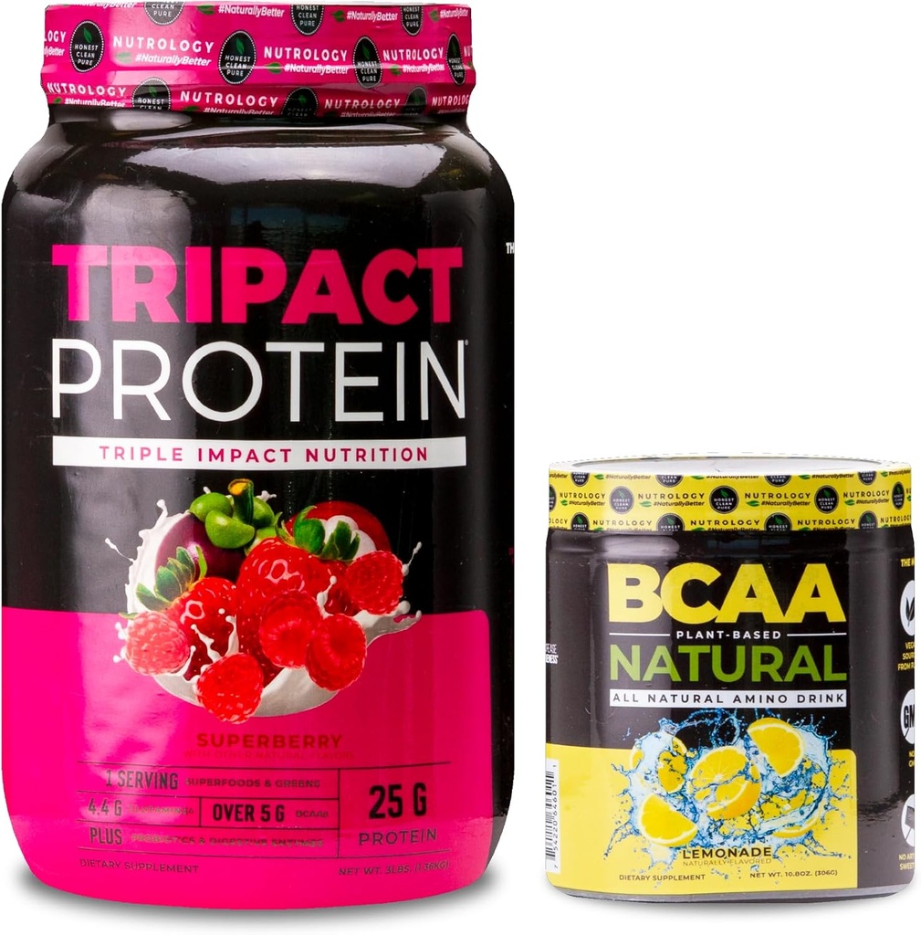 Nutrology TRIPACT Protein Powder, 7-in-1 Meal Replacement Shake, Superberry (40 Servings) BCAA Natural, Plant Based BCAA Powder, Lemonade Flavor (30 Servings)