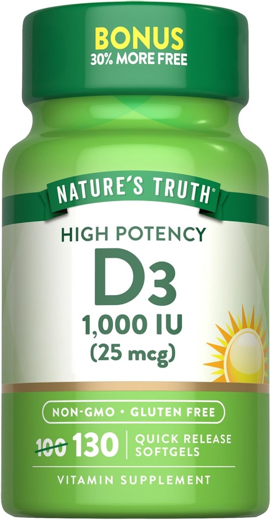 La vérité de la nature Vitamine D3 1000 UI Softgels Formule de haute puissance de 25 mcg