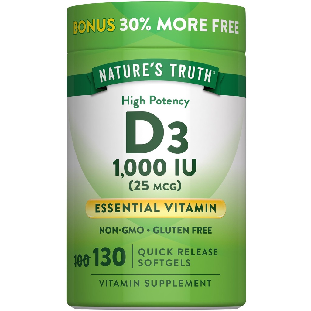La vérité de la nature Vitamine D3 1000 UI Softgels Formule de haute puissance de 25 mcg