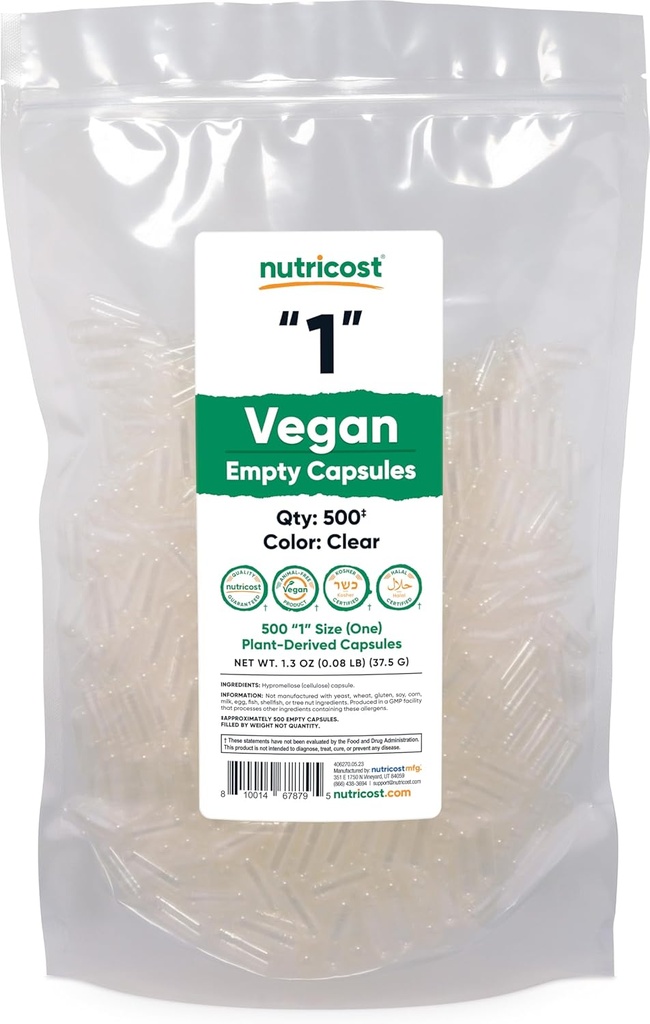 Nutricost Capsules vides Taille 1 Vegan - 500 Capsules vides claires à base de plantes - Certifié Casher, certifié Halal, non-OGM, sans soja, sans gluten, végétarien