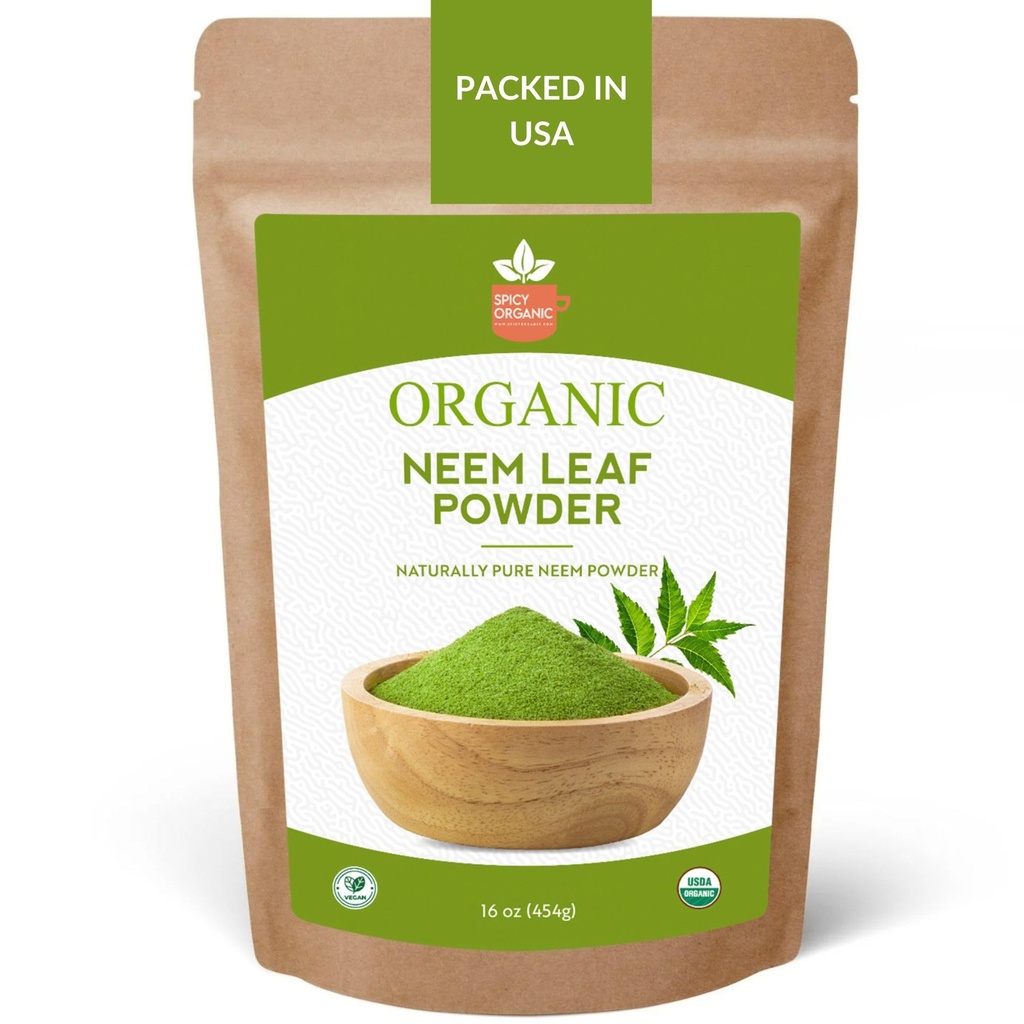 SPICY Organic Neem Powder – 16 oz. - Certifié USDA Organic -Non-OGM - Les feuilles de neem séchées fraîches poudre pour les cheveux et la peau sains - Azadirachta Indica Ayurvedic Herbe pour le bien-être général