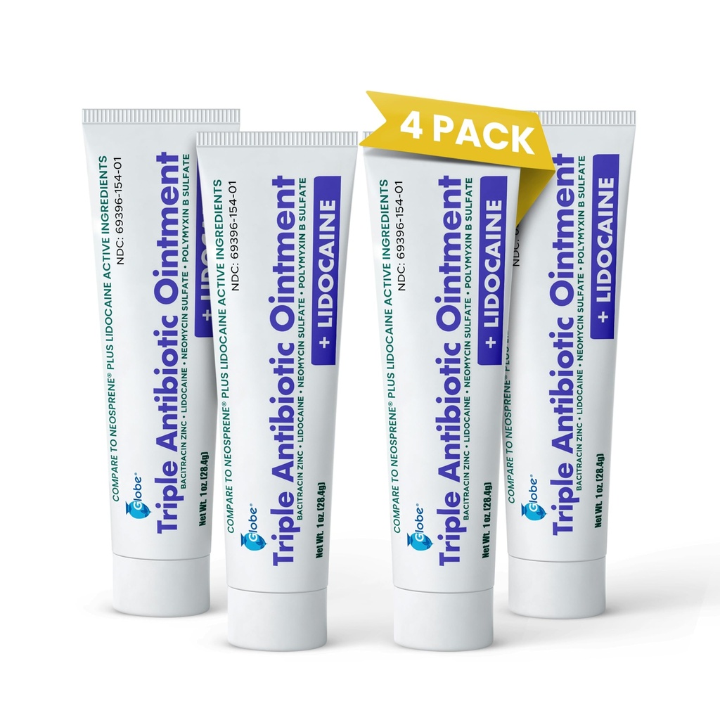Globe (4-Pack) Lidocaine Premiers soins Onguent antibiotique 1 oz - Relief de la douleur maximale et protection des infections - Engourdissement de la peau rapide avec la lidocaïne - Utilisation d'urgence et protection des infections
