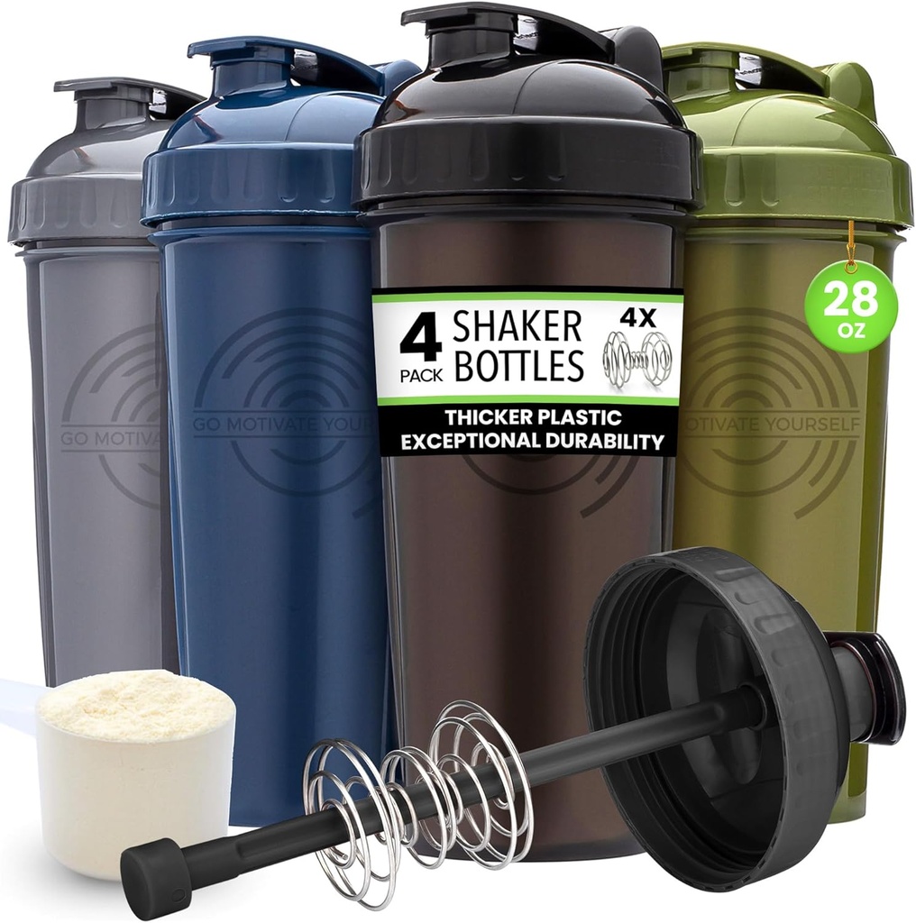 GOMOYO [4-Pack] 28-Ounce Shaker Bouteille de shaker en vrac de protéines avec mélangeur de fil de fer action-Rod.