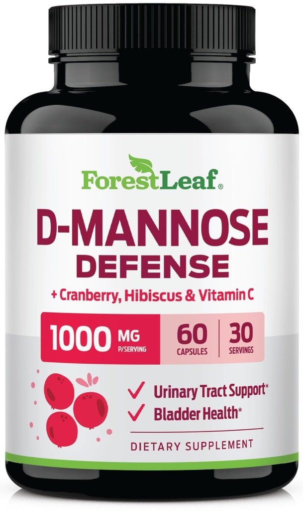 ForestLeaf D Mannose 1000mg Capsules - D-Mannose avec Cranberry, Hibiscus & VIT C, Santé du Trac Urinaire pour les femmes et les hommes, Pilules de DMannose Organique pour UTI, Santé Urinaire et Soutien de Bladder 60 Capsules