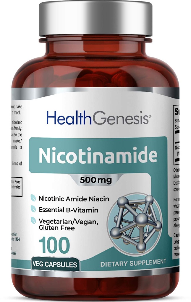 B-3 Nicotinamide 500 mg 100 Vcaps - Nicotinique Amide Niacin formule de vitamine naturelle sans flush - soutient la santé des cellules de la peau
